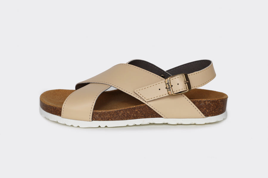Mimi vegan cross strap sandal natural appleskin upper with a buckled back strap and an anatomically contoured footbed- side view