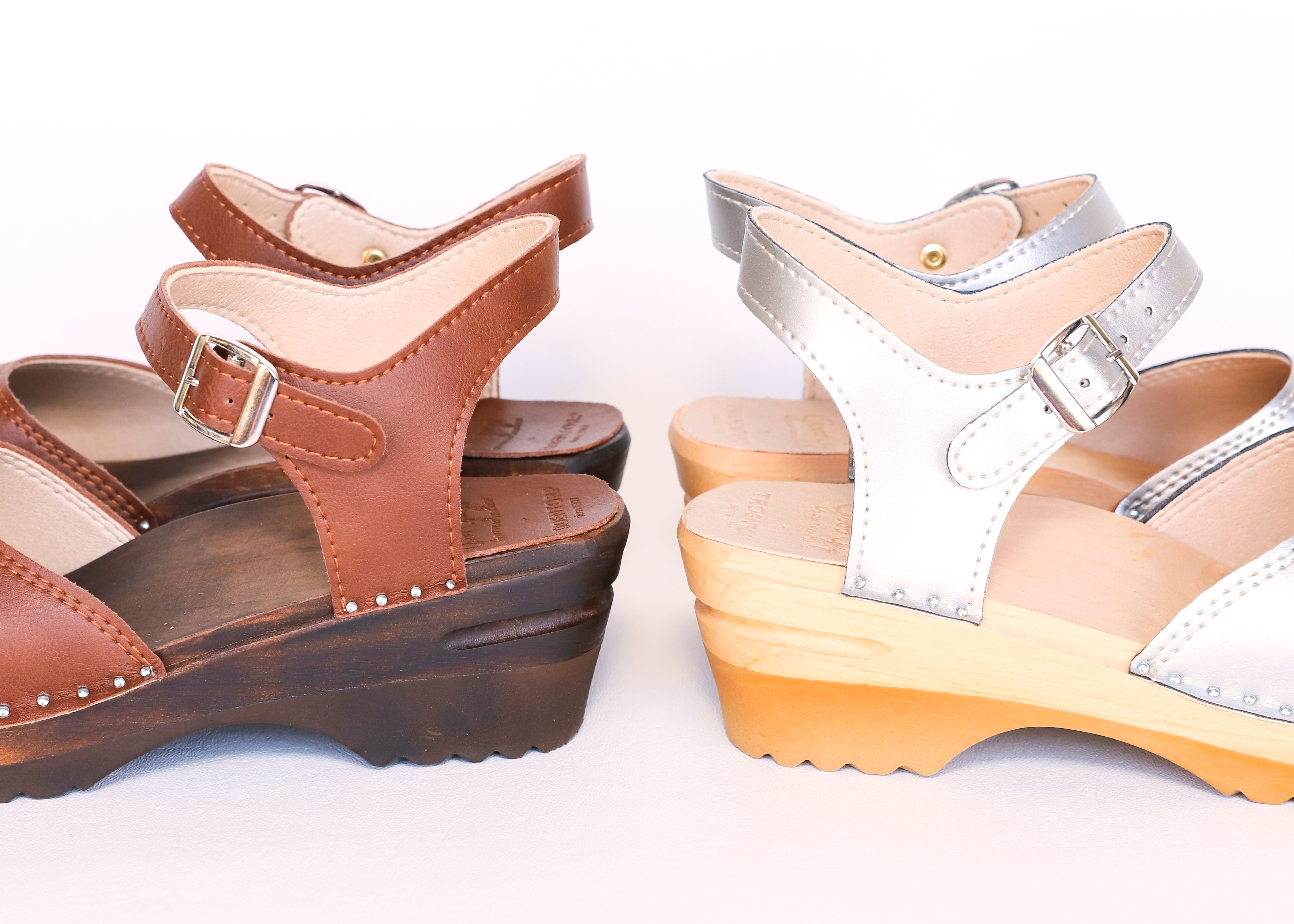 Duve Mid-heel Leather Peep Toe Wooden Clog Sandals – BJORK Swedish Comfort